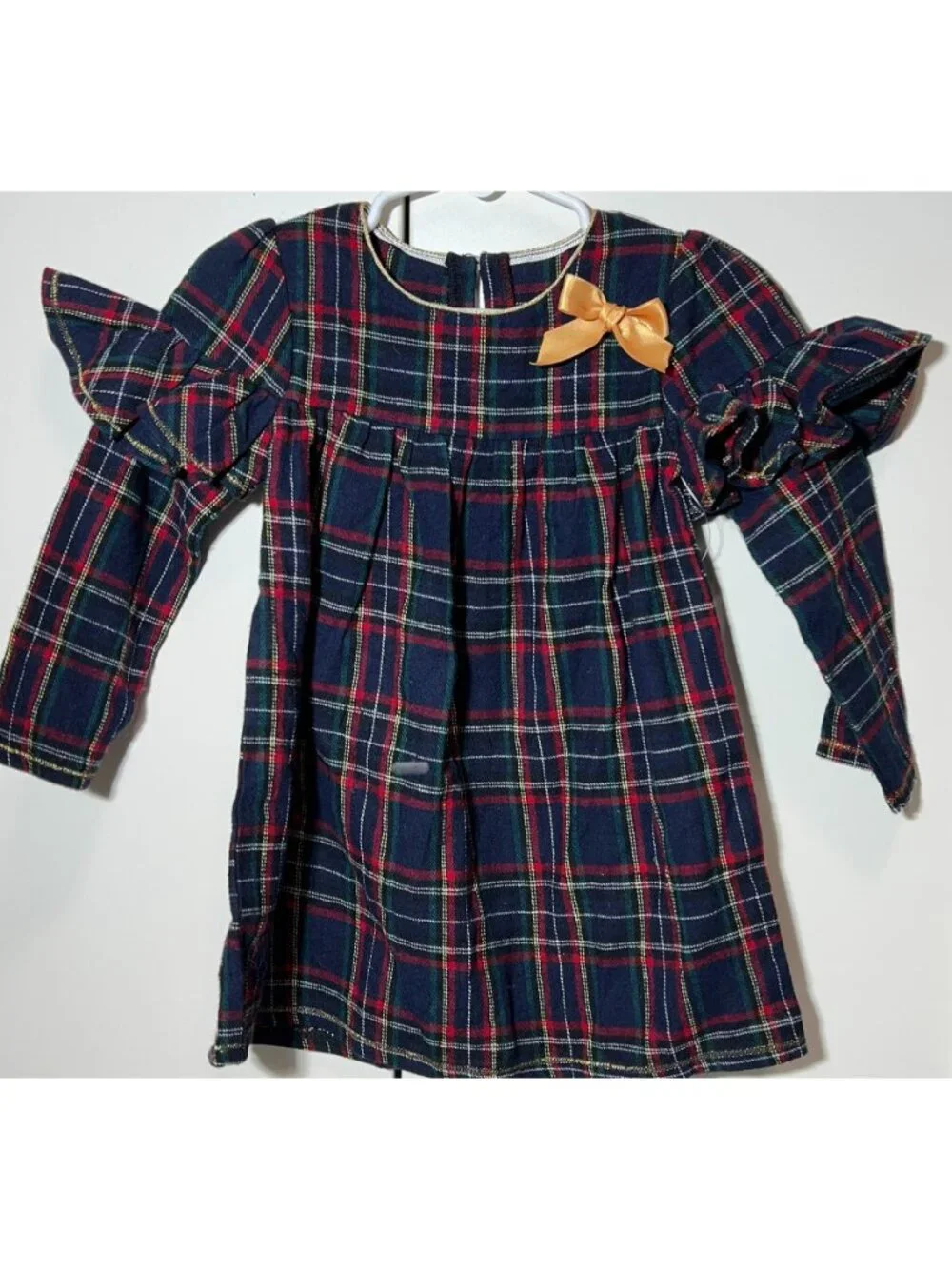 Mud Pie 12m 18m NWOT Christmas Holiday party dress navy tartan plaid gold bow